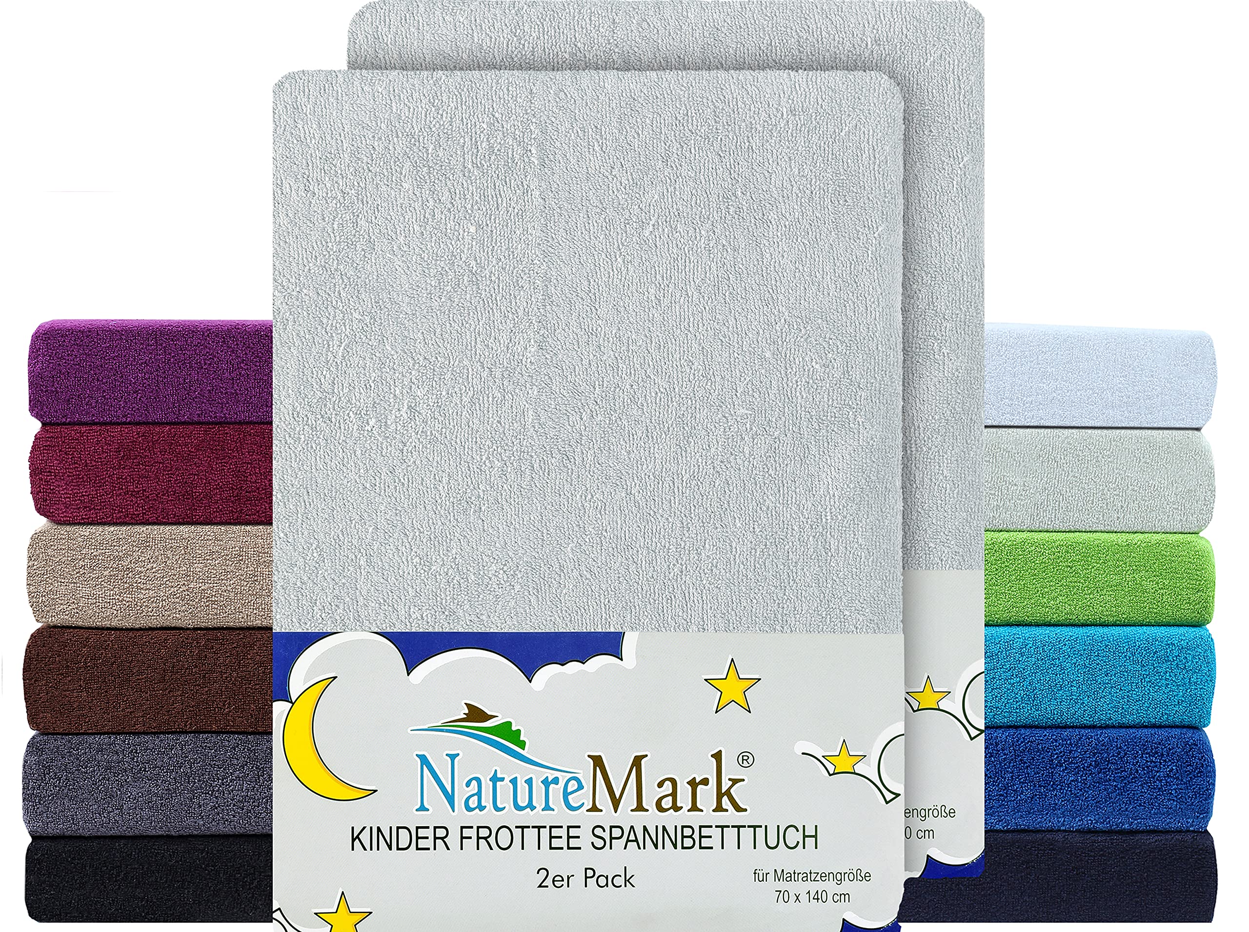 NatureMark 2er Pack Kinder Spannbettlaken – Superweiches Frottee, Hautfreundlich & Pflegeleicht – Perfekt für ruhige Nächte – 70×140 cm, Silber Grau