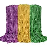 EOBOH 144PCS Mardi Gras Beads, Mardi Gras Green Purple Gold Metallic Necklaces Accessories Bulk, Mardi Gras Beads Necklace Costumes for Parade Throws Party Decorations Favor Supplies