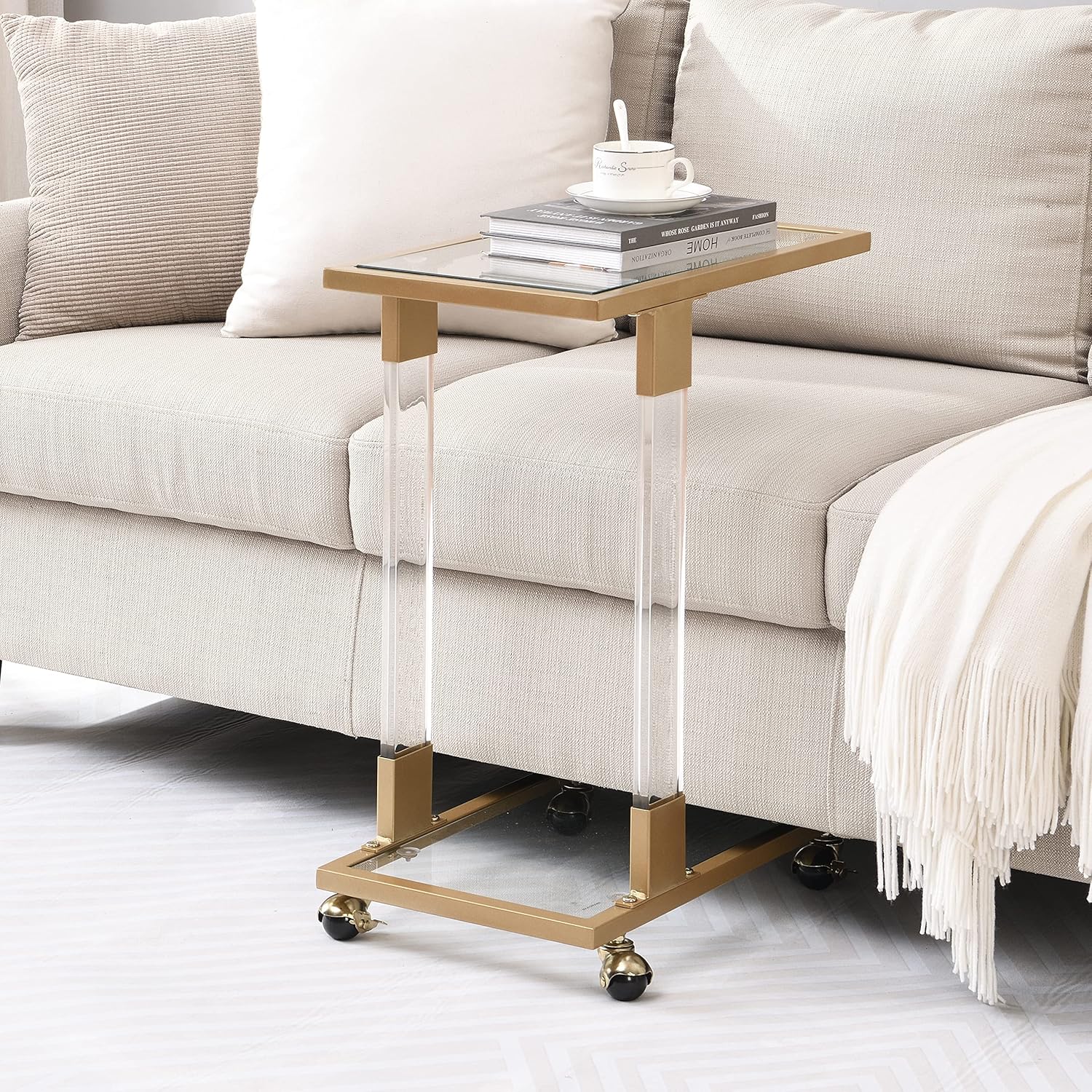 Wekuku Golden Side Table, Acrylic Sofa Table, Glass Top C