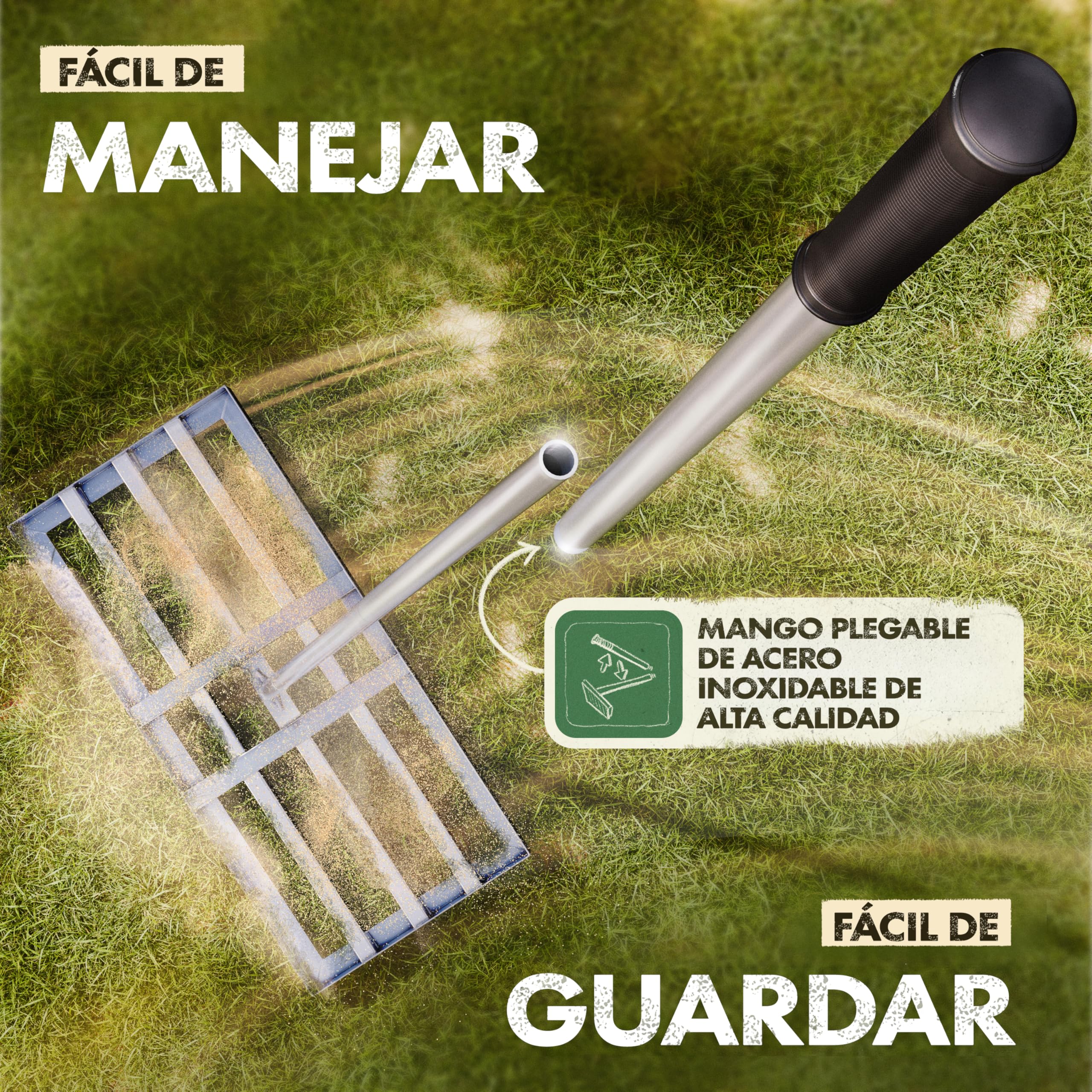 GARLINGO Rastrillo de césped | 75 x 35 cm | Incl. Mango METÁLICO de 1,7m | Rastrillo de césped para lijar el césped, nivelar la Arena del césped, aireador Nivelador de césped con rastrillo