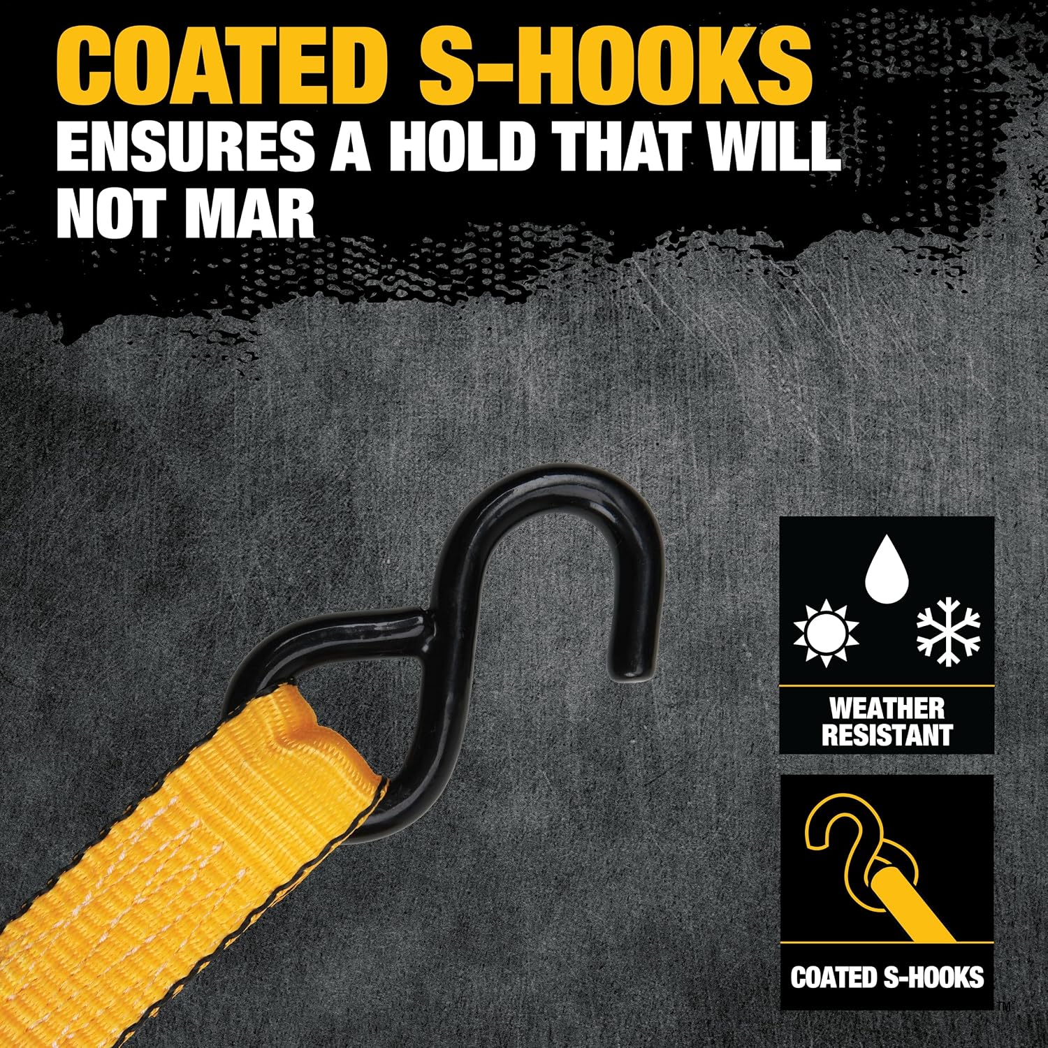 DEWALT 1.25"×14'×2,000 lbs Mid-Duty Cam Buckle Tie-Down Straps, 2-Pack | Heavy‑Gauge Steel Frame, Armored Rubber Shroud, Pre‑Threaded Weather‑Resistant Straps,Coated S‑Hooks, For Midweight Cargo