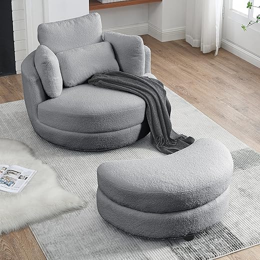 Swivel Accent Barrel Chairs and Ottoman Set, Modern Comfy Round Reading Chairs Loveseat Circle Double Saucer Cuddle Lounge Chair for Bedroom Living Room w/4 Pillow (Teddy, Grey)