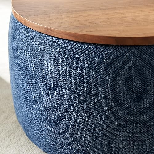 Miniatura 7 de Kakotito Moderna otomana redonda de almacenamiento con tapa de madera, mesa de centro otomana circular hecha a mano, mesa auxiliar y reposapiés para