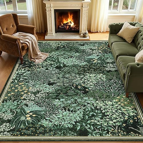 GarveeHome Forest Rugs 8x10, Dark Green Washable 8x10 Area Rug for Living Room, Botanical Low Pile Non Slip Stain Resistance Large Carpet for Office Dining Room, Farmhouse