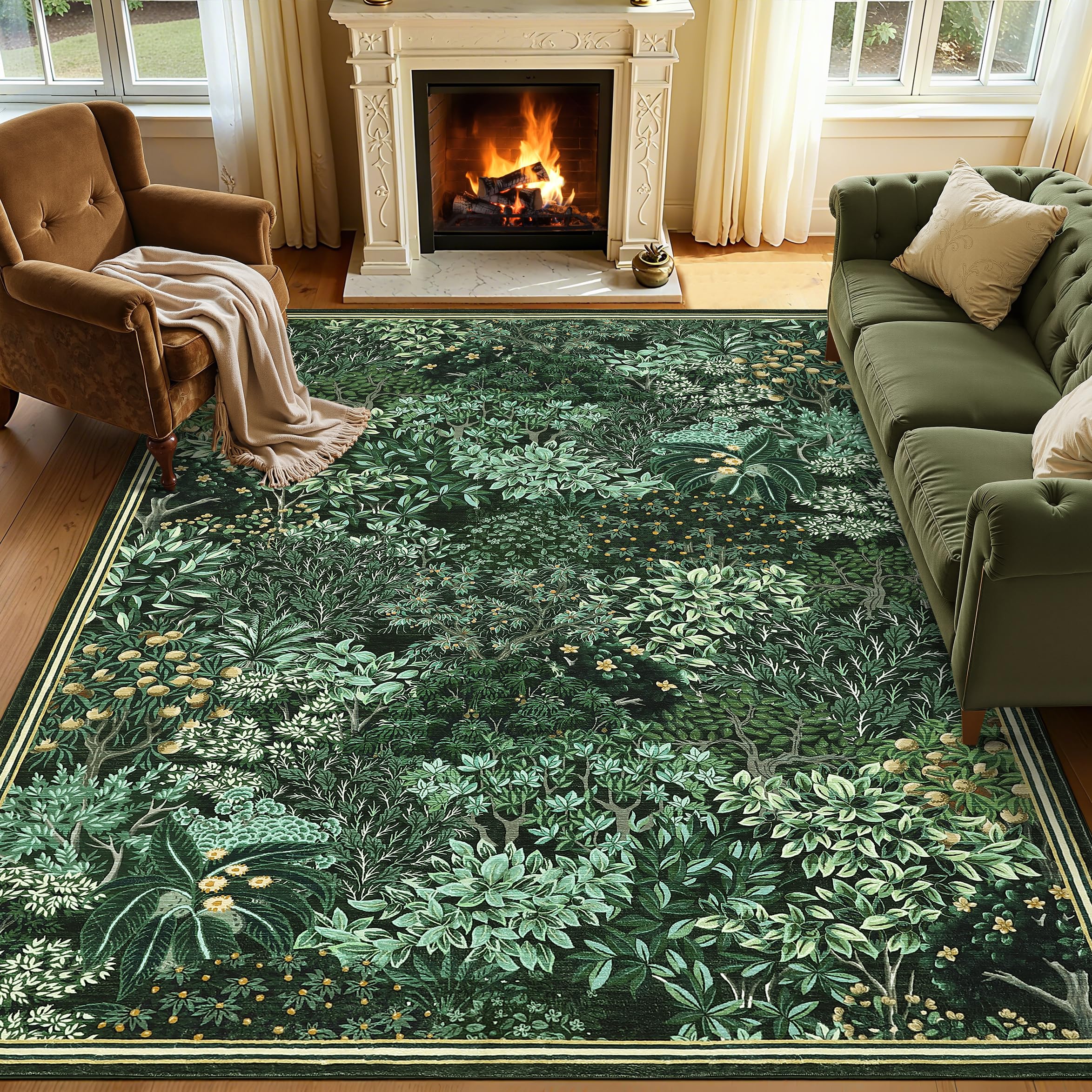 GarveeHome Forest Rugs 8x10, Dark Green Washable 8x10 Area Rug for Living Room, Botanical Low Pile Non Slip Stain Resistance Large Carpet for Office
