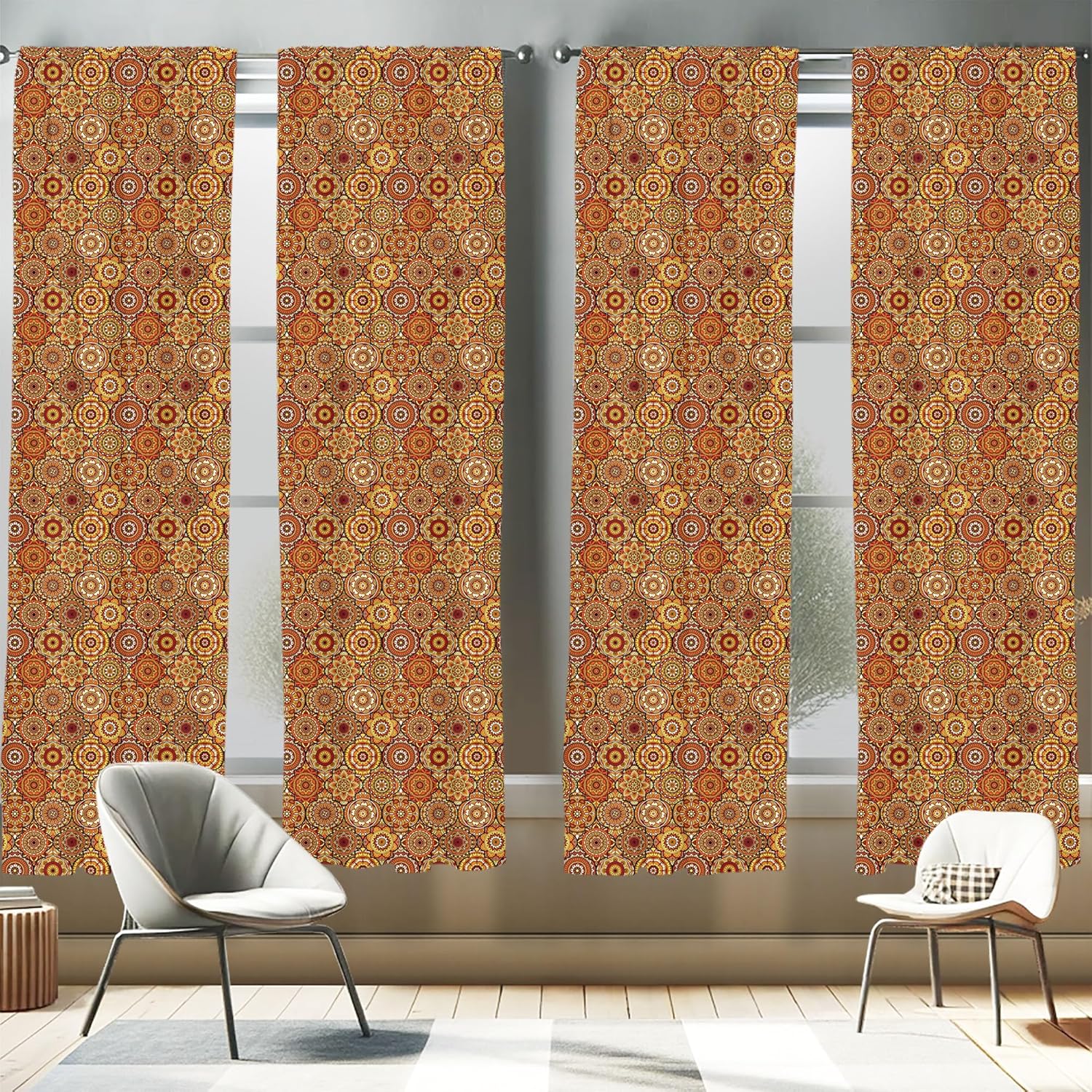 Ambesonne Moroccan Window Curtains Pack of 2, Vintage Hand Drawn Style Ottoman Trellis Floral Motifs, Lightweight Set with Rod Pocket, 4 Panels of - 28" x 63", Orange Yellow