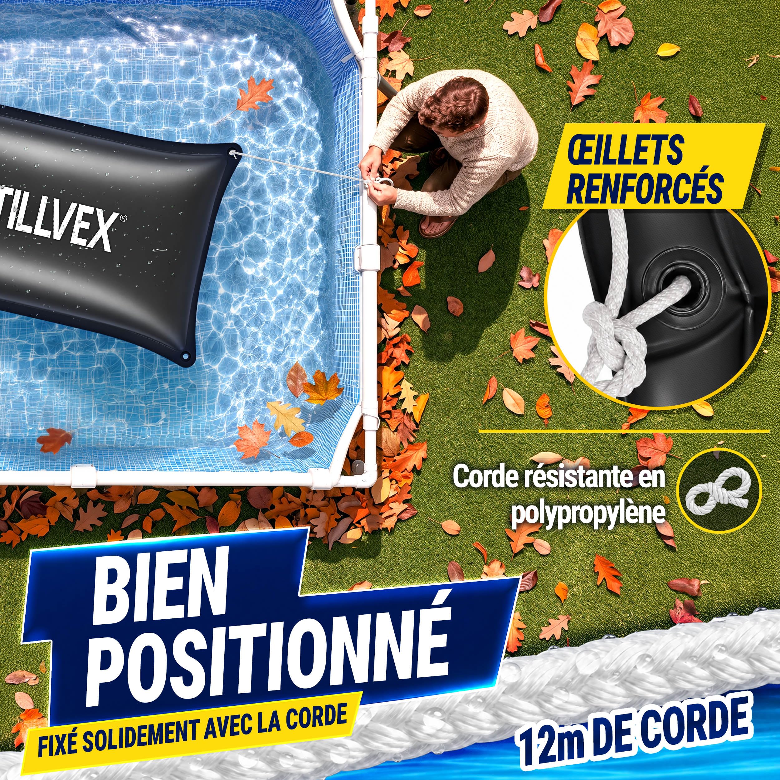 tillvex® Coussin Hivernage Piscine 2x2,4m + Corde 12m & Kit Réparation | Coussin d'air hivernage piscine, résistant gel & chlore jusqu'à -20°C | Valve à vis incluse | Protection piscine hiver