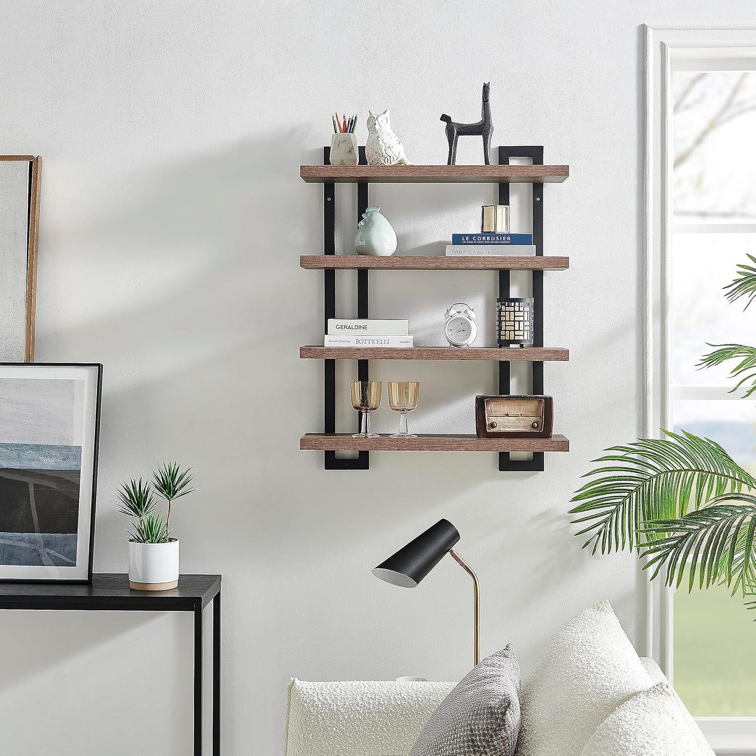 Danya B. 4-Tier Floating Bracket Wall Shelf - Metal and Laminate MDF Finish - Accent Shelving Unit for Displaying Books, Plants, Sculptures, Photos, Art, and Other Decor (Walnut)
