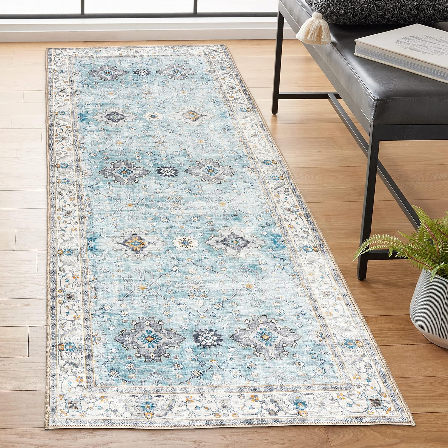 ReaLife Rugs Machine Washable Area Rug Runner - Living Room Bedroom Bathroom Kitchen Entryway Office - Padded Low Pile Stain Resistant Premium - Boho Farmhouse Vintage - BEV - Blue Ivory 2'6" x 8' Boho Border - Blue Ivory 2'6" x 8'