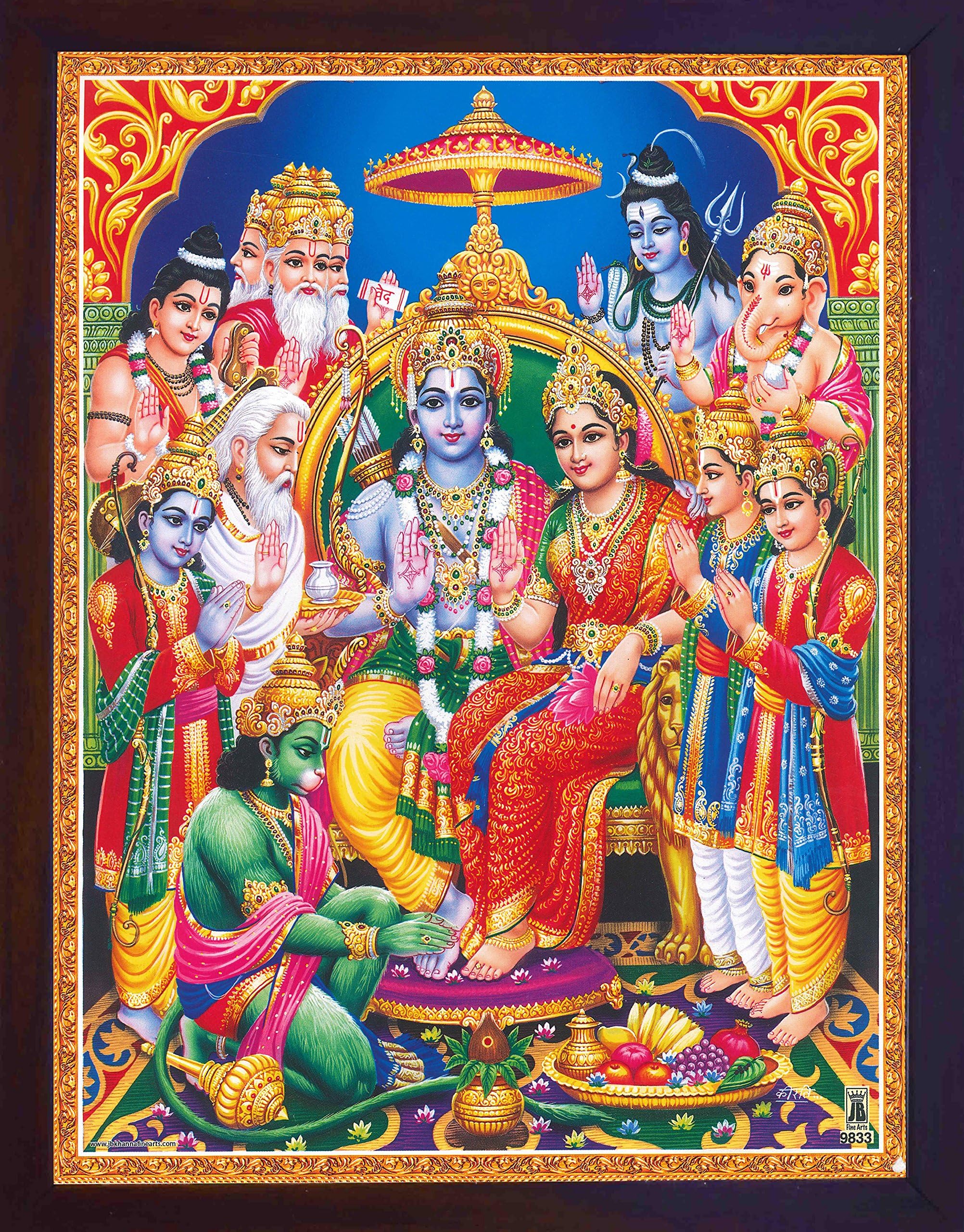 Handicraft Store Hanuman in Ram Darbar, Lord Ram with Sita and Bharat and Hanuman Showing his Gratitude, A Poster Print with Frame for Home and Gift Purpose.