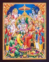 SANVIKA Hanuman Showing His Humbleness in Ram Darbar and Mata Sita Giving Blessings. A Holy Religious Poster Painting with Frame for Hindu Worship Purpose (COL8)