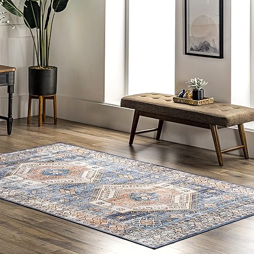 nuLOOM Mae - Alfombra de área con motivos tribales lavable a máquina, 4 x 6 pies, color azul