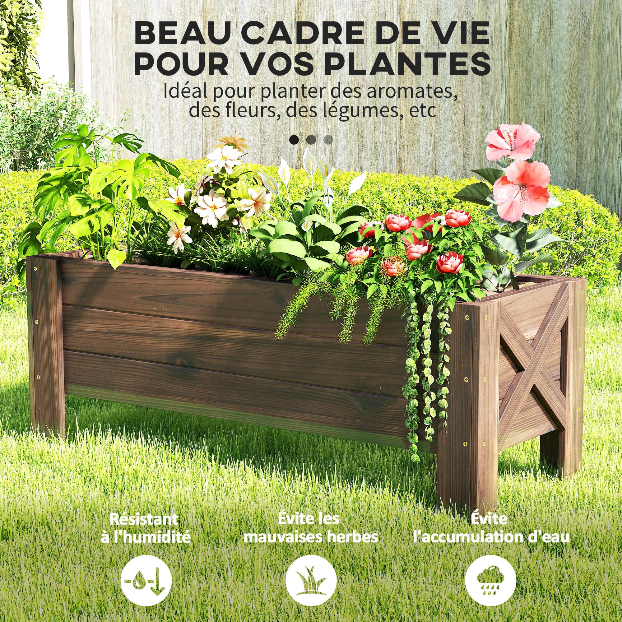 Outsunny Jardinière sur Pieds 100L x 36l x 36H cm Bois Massif Sapin traité | Bac à Fleurs, Inserts d'irrigation Inclus