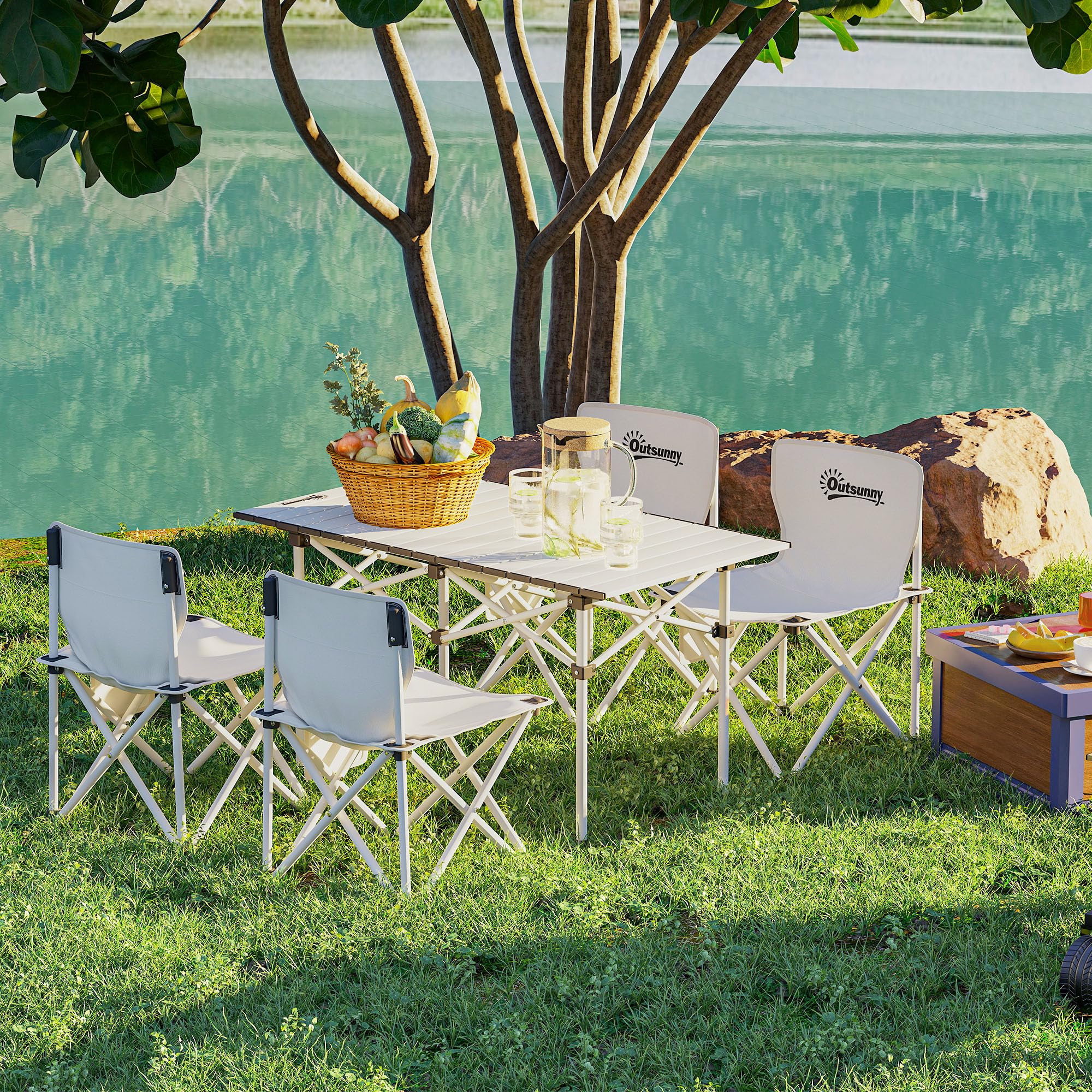 Outsunny Tavolo da campeggio con 4 sedie pieghevoli, set di tavolo e sedie da campeggio da 5 pezzi con tasche laterali e borse per il trasporto, 95 x 56,5 x 50 cm, bianco