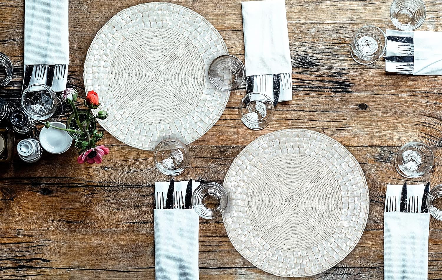 Farmhouse Beaded Placemats for Dining Table- 14 inch Dia Off White, Beaded Placemats Round for Gathering, Occasional Decoration and Family Parties Celebrations,Set of 2