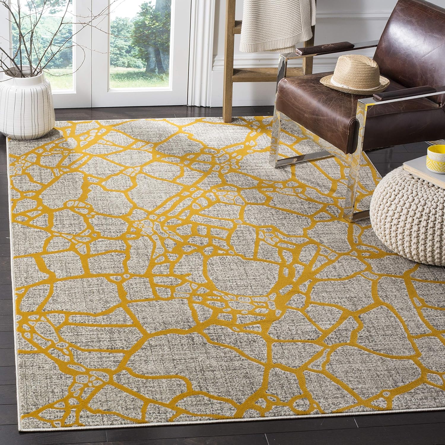 SAFAVIEH Porcello Collection Runner Rug - 2'4" x 6'7", Light Grey & Yellow, Modern Abstract Design, Non-Shedding & Easy Care, Ideal for High Traffic Areas in Living Room, Bedroom (PRL7737C)