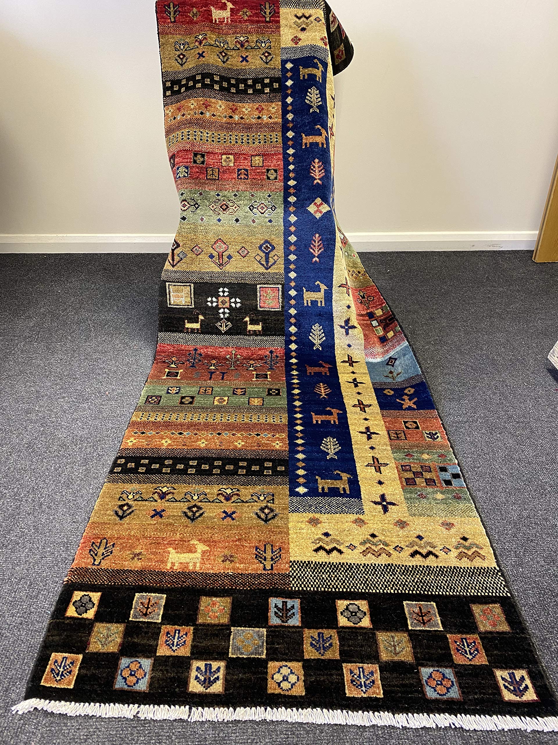 Tapis afghan fait main 260x85 en laine véritable pour un couloir élégant