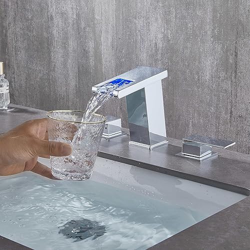 Miniatura 10 de LOOPAN Grifo de baño con luz LED, cascada, un solo mango, grifo negro para fregadero de baño, grifo de tocador sin plomo con mangueras para