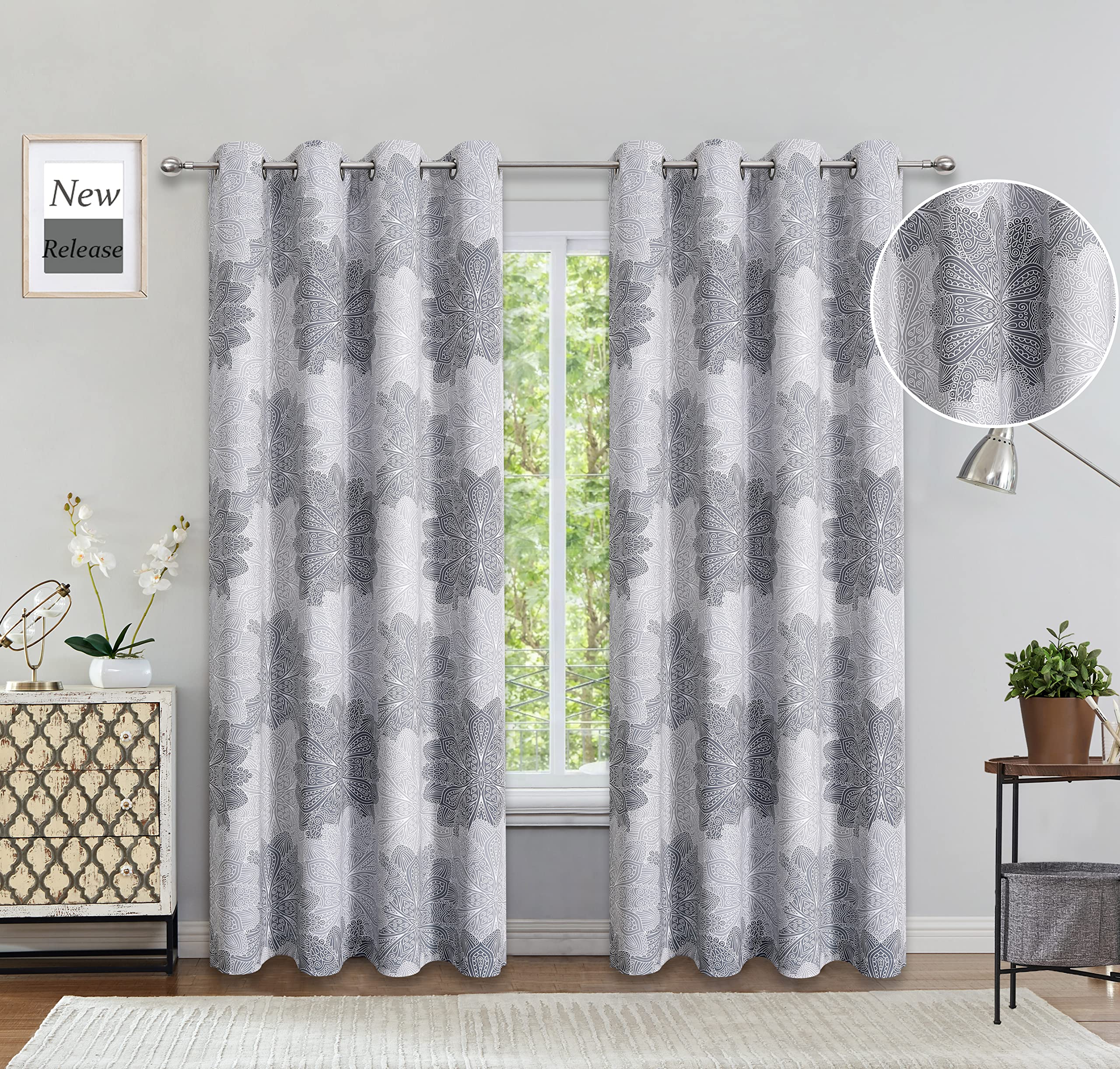 Grey Full Blackout Window Treatment Curtain Panels Room Darkening Drapes Lotus Floral Pattern Bohemian Decor, Grommet Design 52" W x 84" L for Nursery Bedroom Mandala Boho, 2 Panels