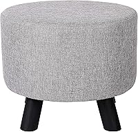 Vista 1 de BIRDROCK HOME Taburete otomano de lino gris – Asiento acolchado redondo suave y compacto – Sala de estar y dormitorio – Patas de madera negra