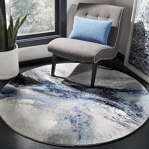 SAFAVIEH Galaxy Collection Area Rug - 6'7" Round, Blue & Grey, Modern Abstract Design, Non-Shedding & Easy Care, Ideal for High Traffic Areas in Living Room, Bedroom (GAL117M)