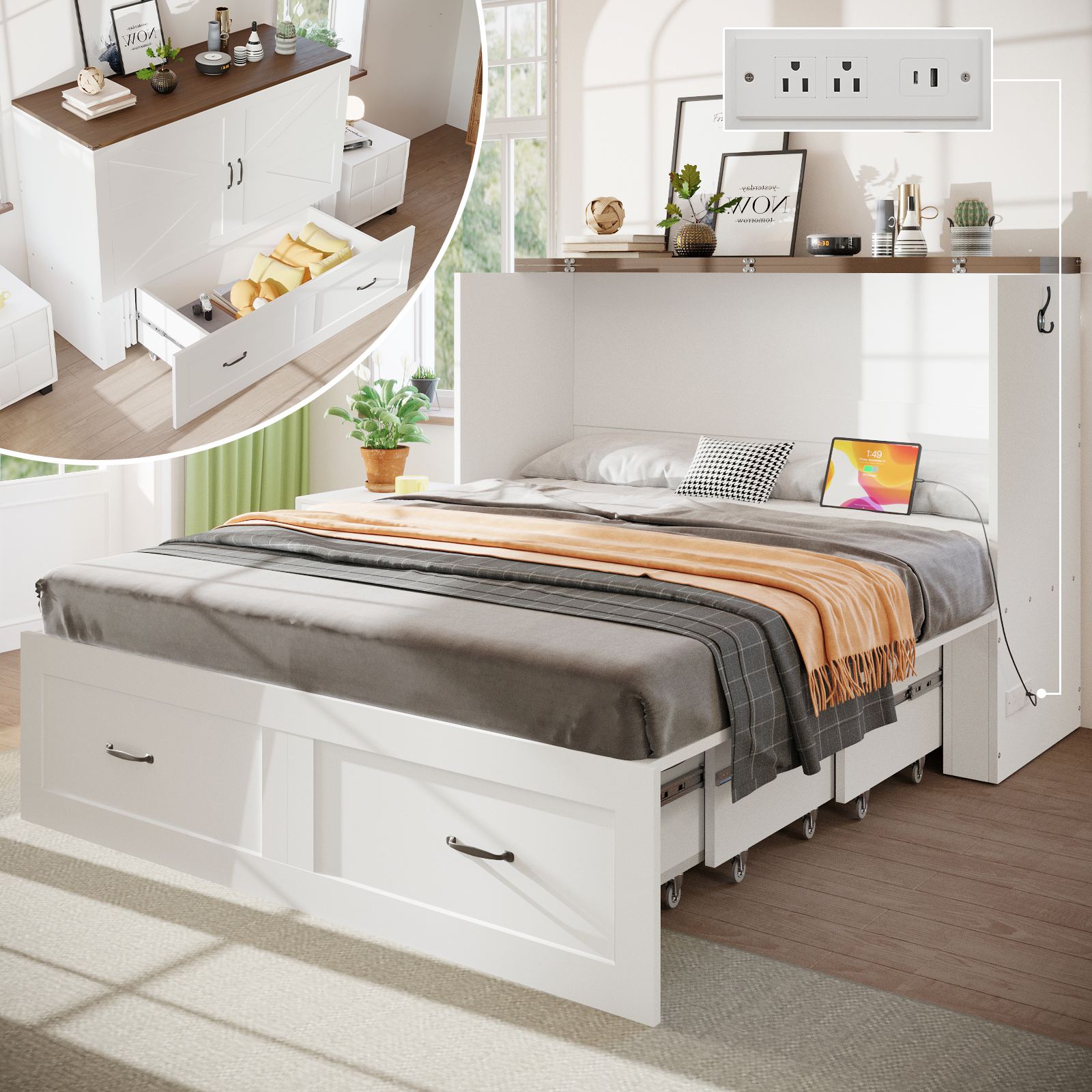 Amazon.com: KCGKCG Full Size Murphy Bed with Storage & Charging