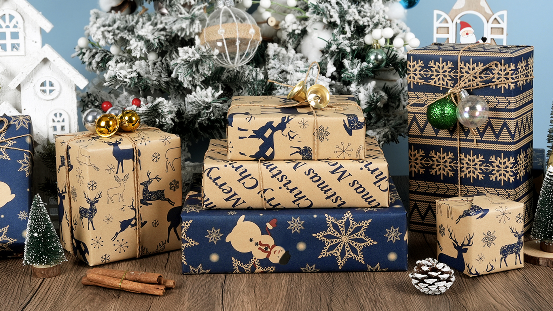Christmas Wrapping Paper, 4 Mini Rolls Blue Snowflakes Merry Christmas Gift Wrapping Paper Roll, Vintage Snowman Brown Kraft Gift Wrap Paper For - View #6