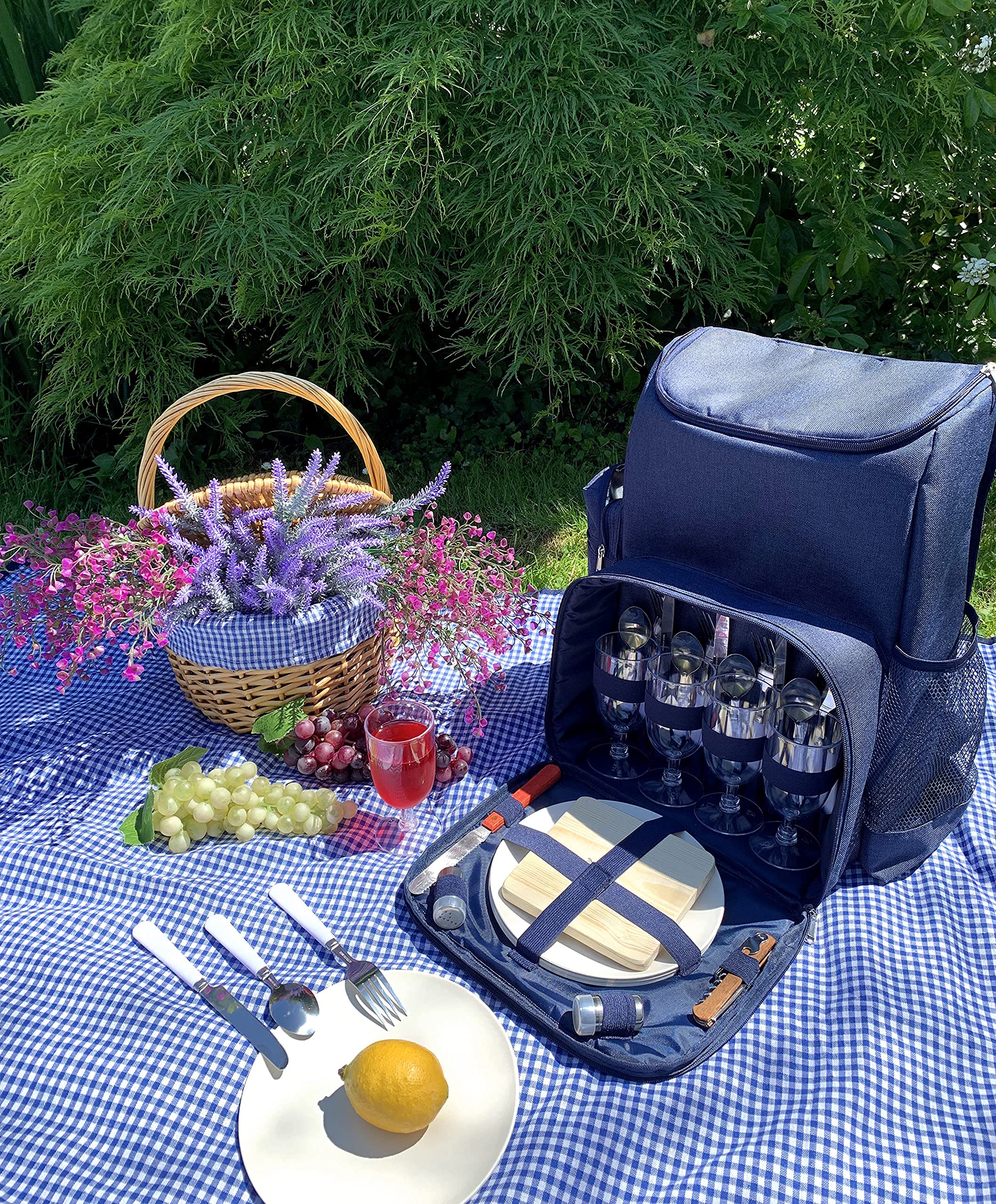 Les Jardins de la Comtesse - Zaino da picnic con scaletta, 4 persone, colore: blu, completo di scomparto isotermico, piatti robusti e leggeri, molte tasche, 29 x 15 x 44 cm