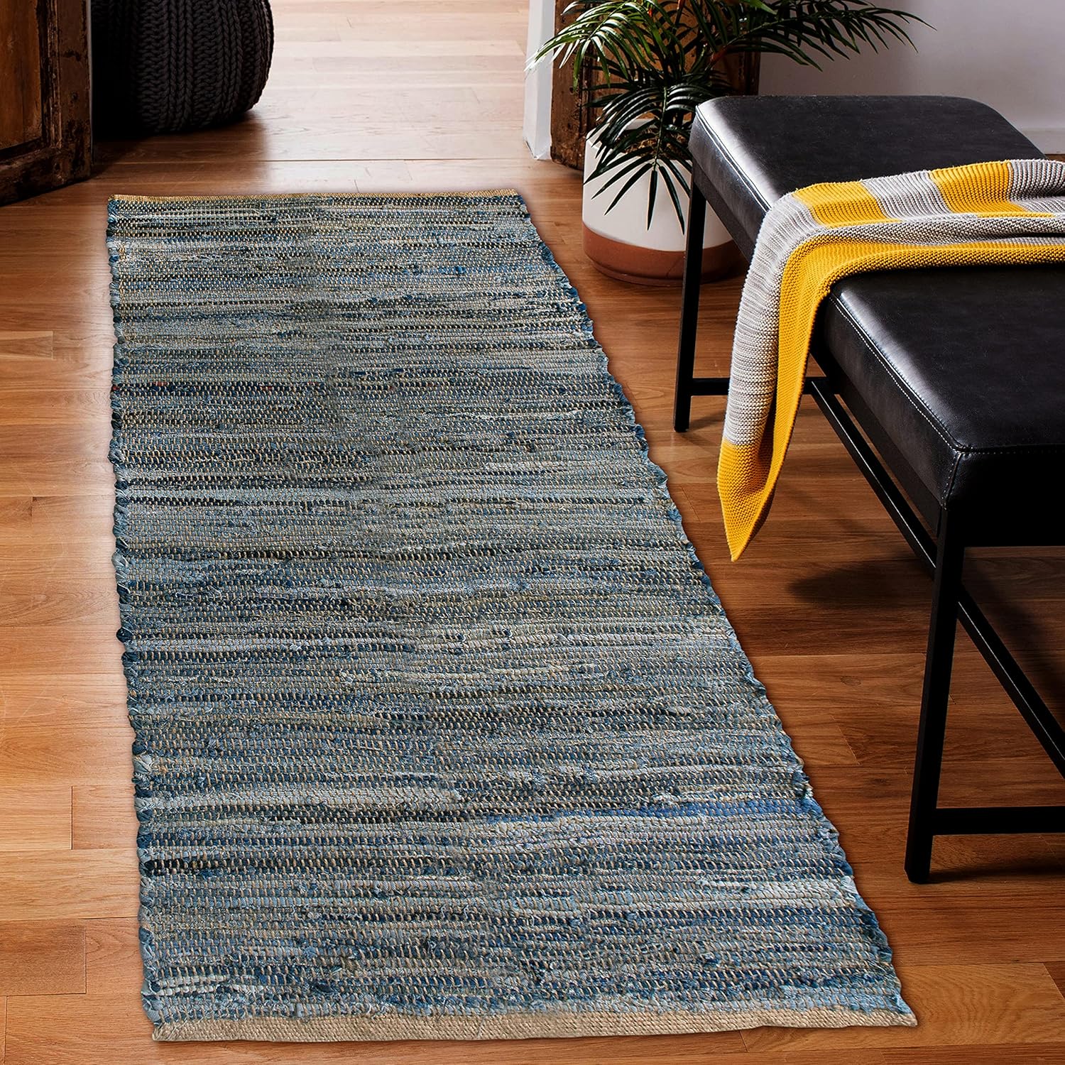 Chardin home Farmhouse Rag Rug Runner 2x5 feet Denim Blue | Cotton & Jute Hand Woven Chindi Rug, Long Boho Rug | Perfect for Hallways, Kitchens, Bathroom, bedrooms | Shades of Blue - Image 4