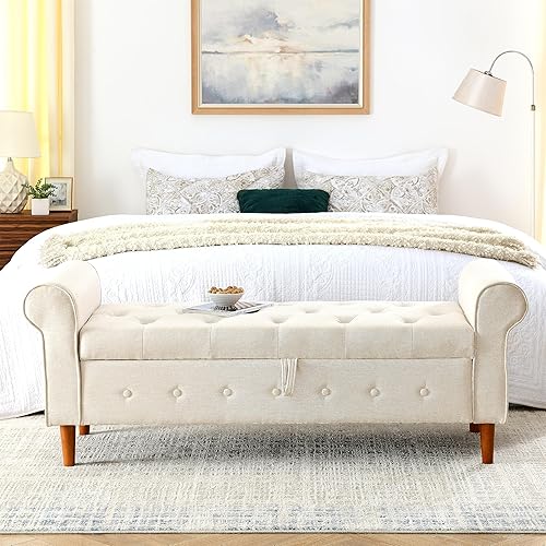 Miniatura 39 de Polibi Banco de almacenamiento para dormitorio, otomana tapizada de terciopelo con diseño de botones armados enrollados, banco largo para ventana de