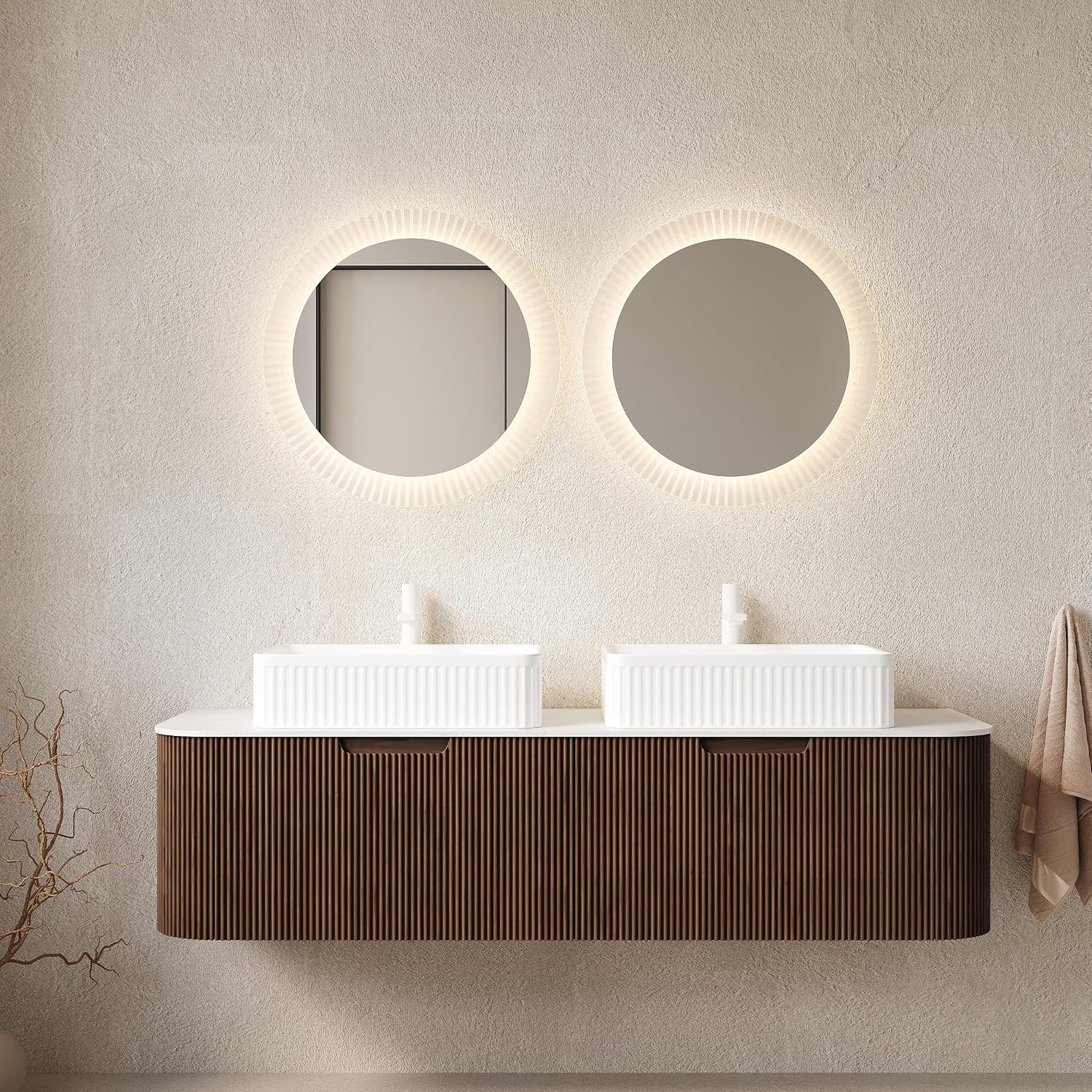 Floating Bathroom Vanity with Sink 60 Inch, Wall-Mounted Plywood Bathroom Vanity Cabinet with Drawer, Faux Marble Countertop & White Rectangle Ceramic Basin, Pre-Assembled, Walnut Wood Grain