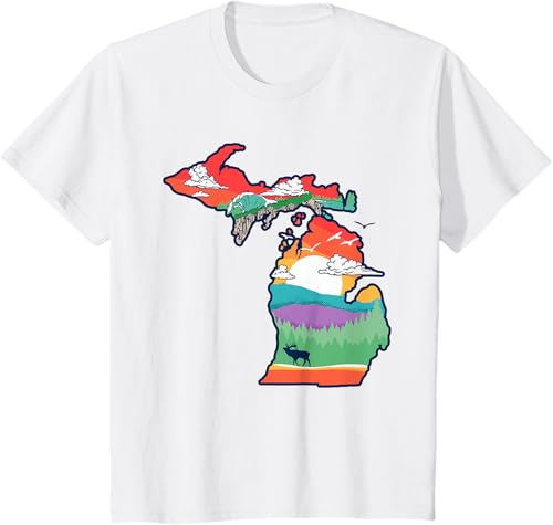 Miniatura 23 de Michigan Outside Vintage Nature Illustration Artistic T-Shirt Slate Grey,White,Baby Blue,Red,Silver Grey,Dark Green,Kelly Green,Olive Green,Lemon