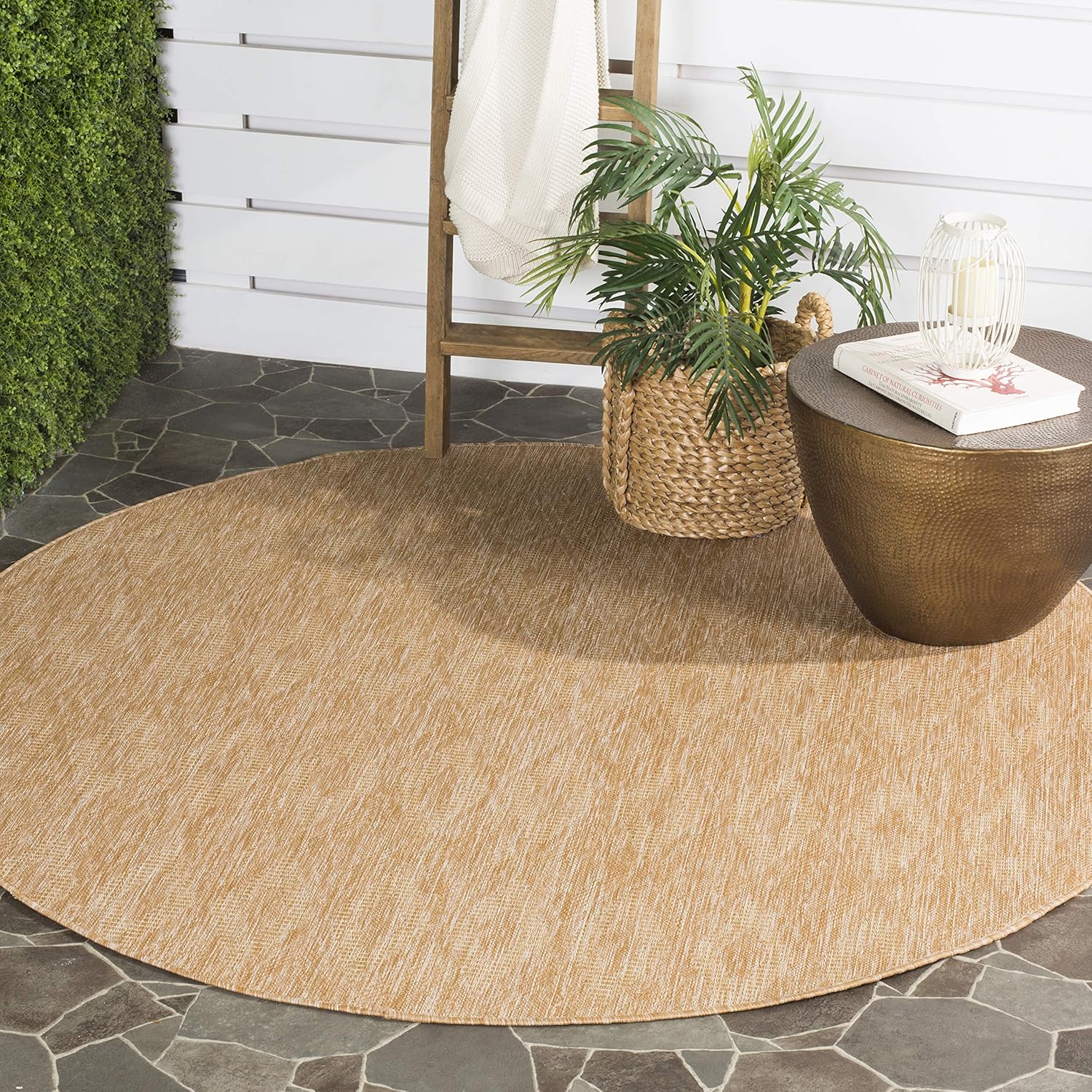 SAFAVIEH Washable Rug Outdoor Courtyard Collection - 5'3" Round, Natural & Natural, Non-Shedding & Easy Cleaning, Ideal for Patio, Backyard, Mudroom (CY8522-03011)