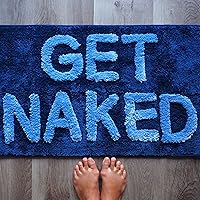 Vista 1 de Evovee Alfombra de baño con texto en inglés «Get Naked», divertida y bonita, antideslizante, lavable y con texto en inglés «Get Nake», color azul