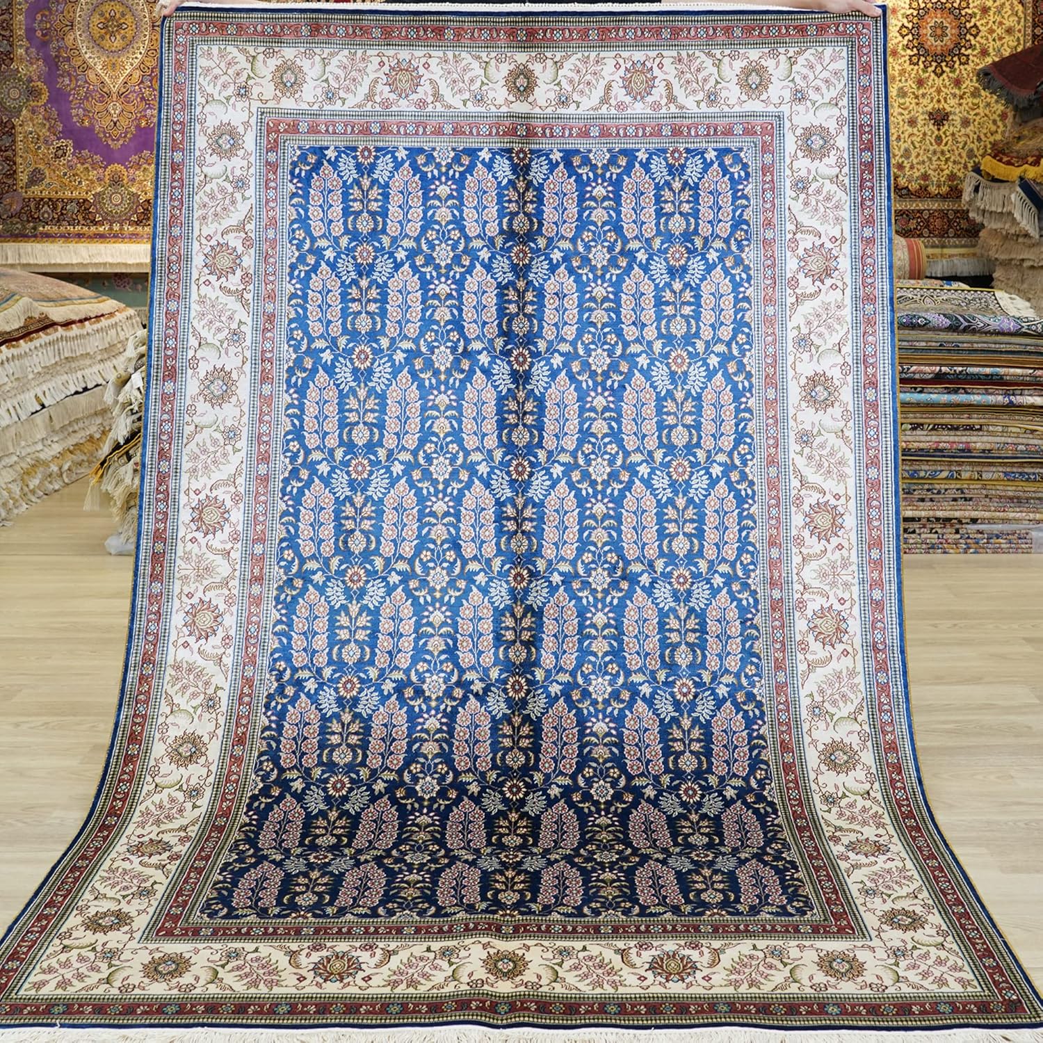 Yuchen Rug Silk Carpet 4x6 Blue Handmade Traditional Vintage Luxury Oriental Silk Area Rug for Bedroom