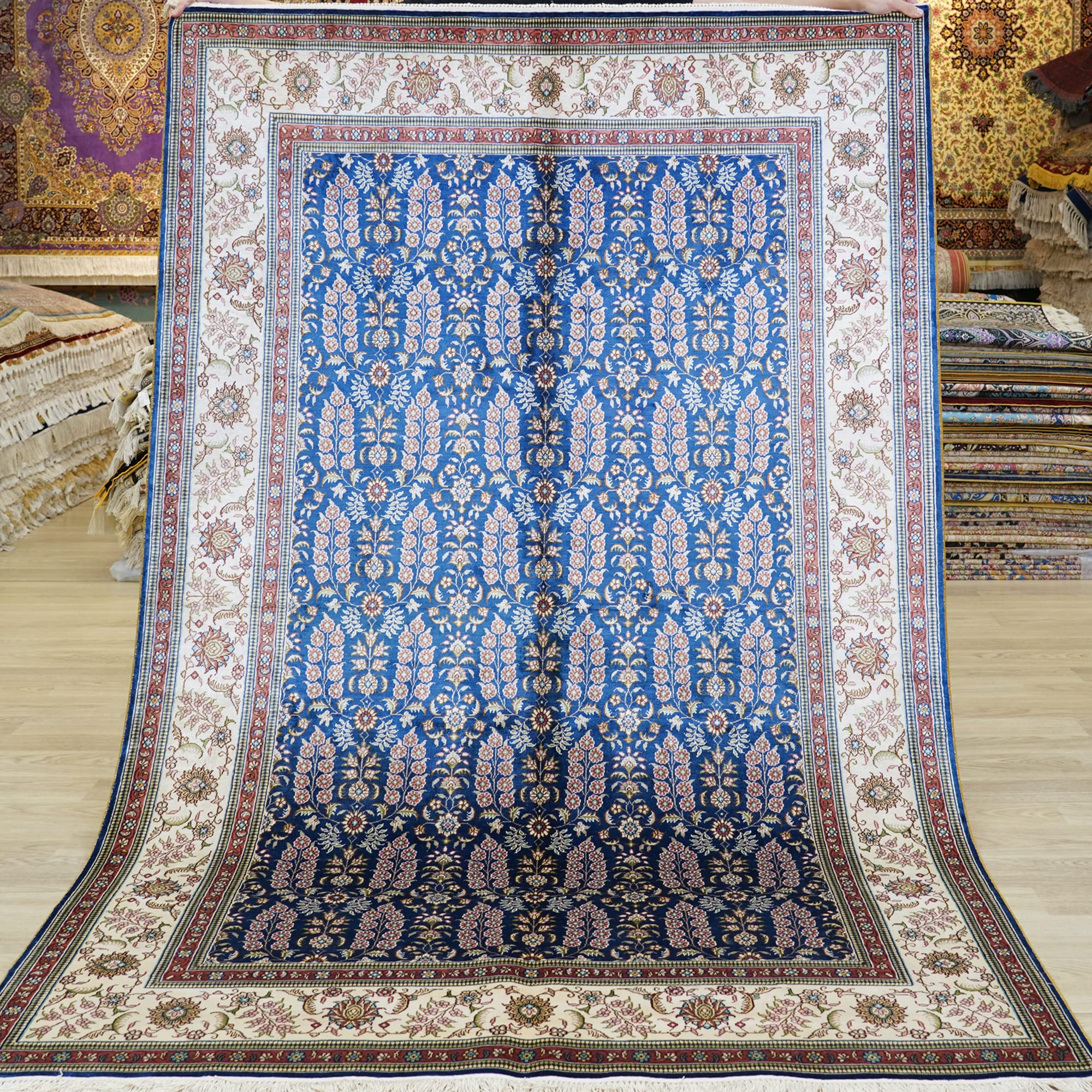 Silk Carpet 4x6 Blue Handmade Traditional Vintage Luxury Oriental Silk Area Rug for Bedroom