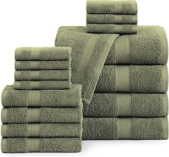 Lane Linen 100% Cotton Luxury Bath Towel Set - 16 Pieces - Ring Spun, Super Soft & Highly Absorbent - 4 Bath, 8 Washcloths, 4 Hand Towels for Bathroom - Minimal Lint & Fading, Pre Shrunk - Olive Green