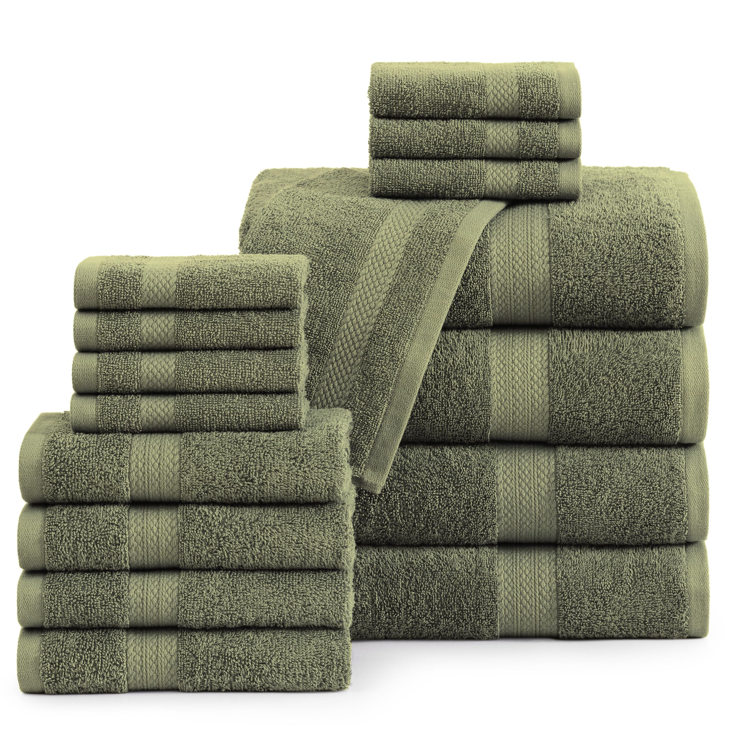 Lane Linen 100% Cotton Luxury Bath Towel Set - 16 Pieces - Ring Spun, Super Soft & Highly Absorbent - 4 Bath, 8 Washcloths, 4 Hand Towels for Bathroom - Minimal Lint & Fading, Pre Shrunk - Olive Green