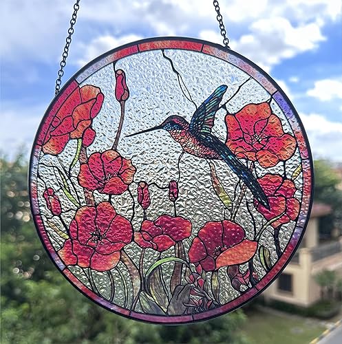 Miniatura 5 de Atrapasoles de colibrí con vitrales, diseño original de 7.8 pulgadas, adorno de amapolas rojas de colibrí para atrapasoles para ventana interior
