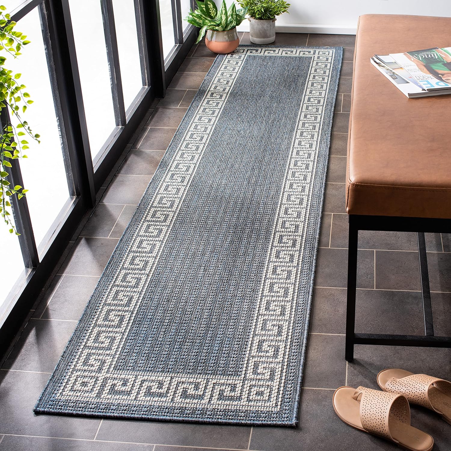 SAFAVIEH Washable Rug Outdoor Bermuda Collection - 2' x 8' Runner, Dark Blue & Ivory, Non-Shedding & Easy to Clean, Ideal for Patio, Backyard, Mudroom (BMU820M)