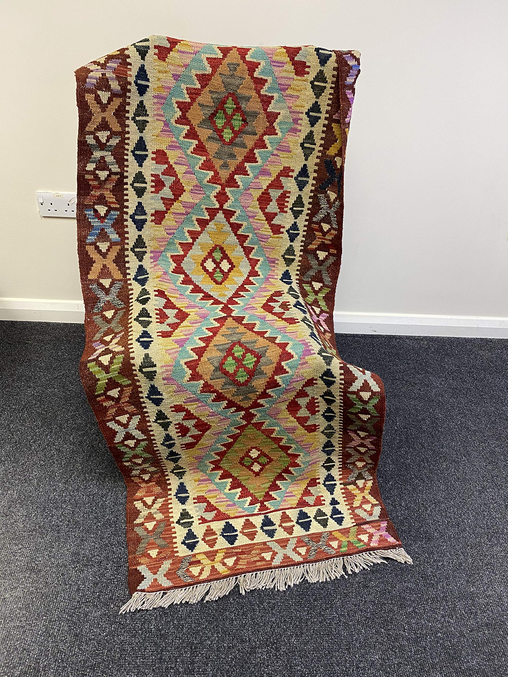 Tapis oriental kilim afghan 260x70 fait main | Tissage géométrique tribal