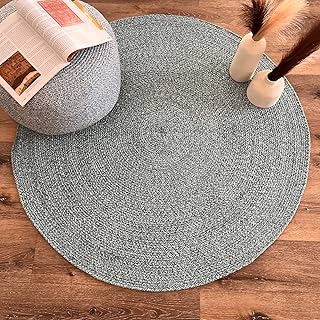 Coral, Cotton, Artistic, Unique, One of A Kind Hand Woven Cotton Round Rug for Bedroom, Bathroom, Kitchen, Living Room, Farmhouse, Light Blue, 90 cm Round, 90cm x 90cm