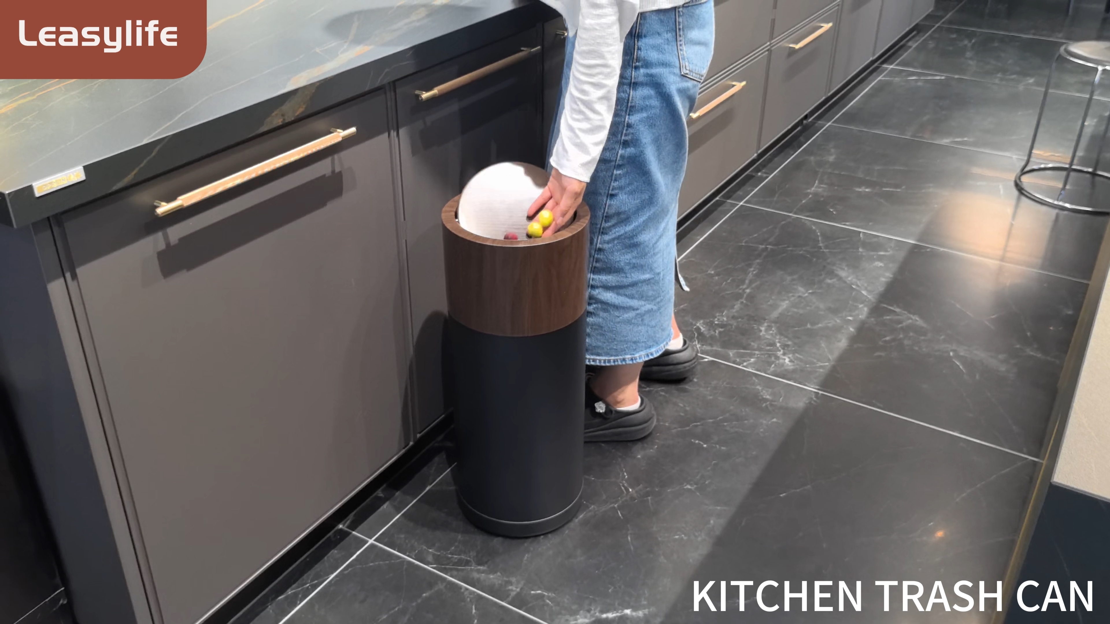 Image of 30L /8GAL Gold Brass Kitchen Trash Can,Tall Commercial Garbage can，Large Capacity FILP lid Trash can for Kitchen,Shopping mall,Elevator gate,Airport, Hotel,Commercial (Walnut)
