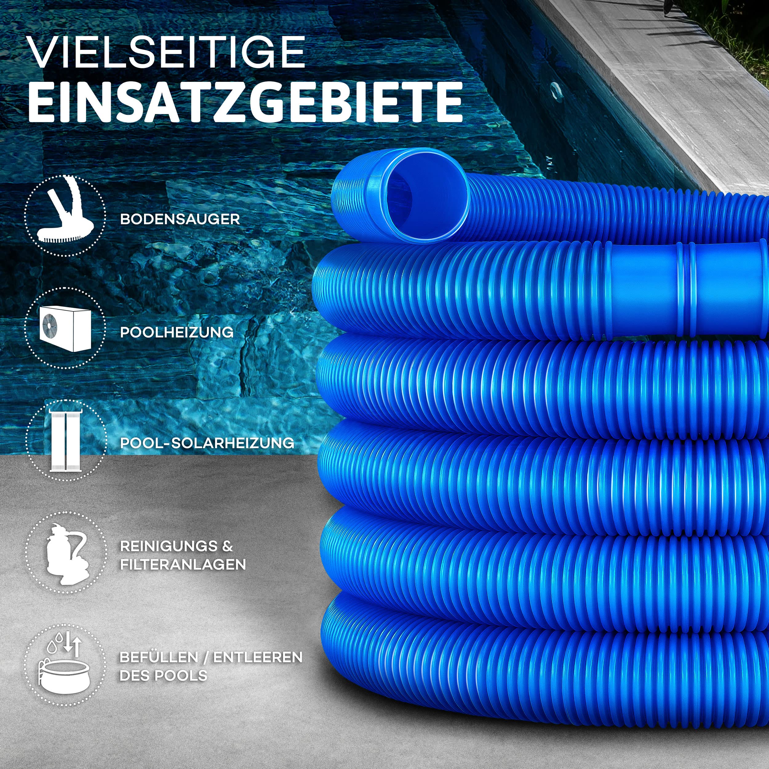 tillvex Wąż basenowy z mufami, wąż solarny do basenu i basenów, wąż ssący, wąż pompy, elastyczny wąż do wody (niebieski, 10 m / 38 mm)