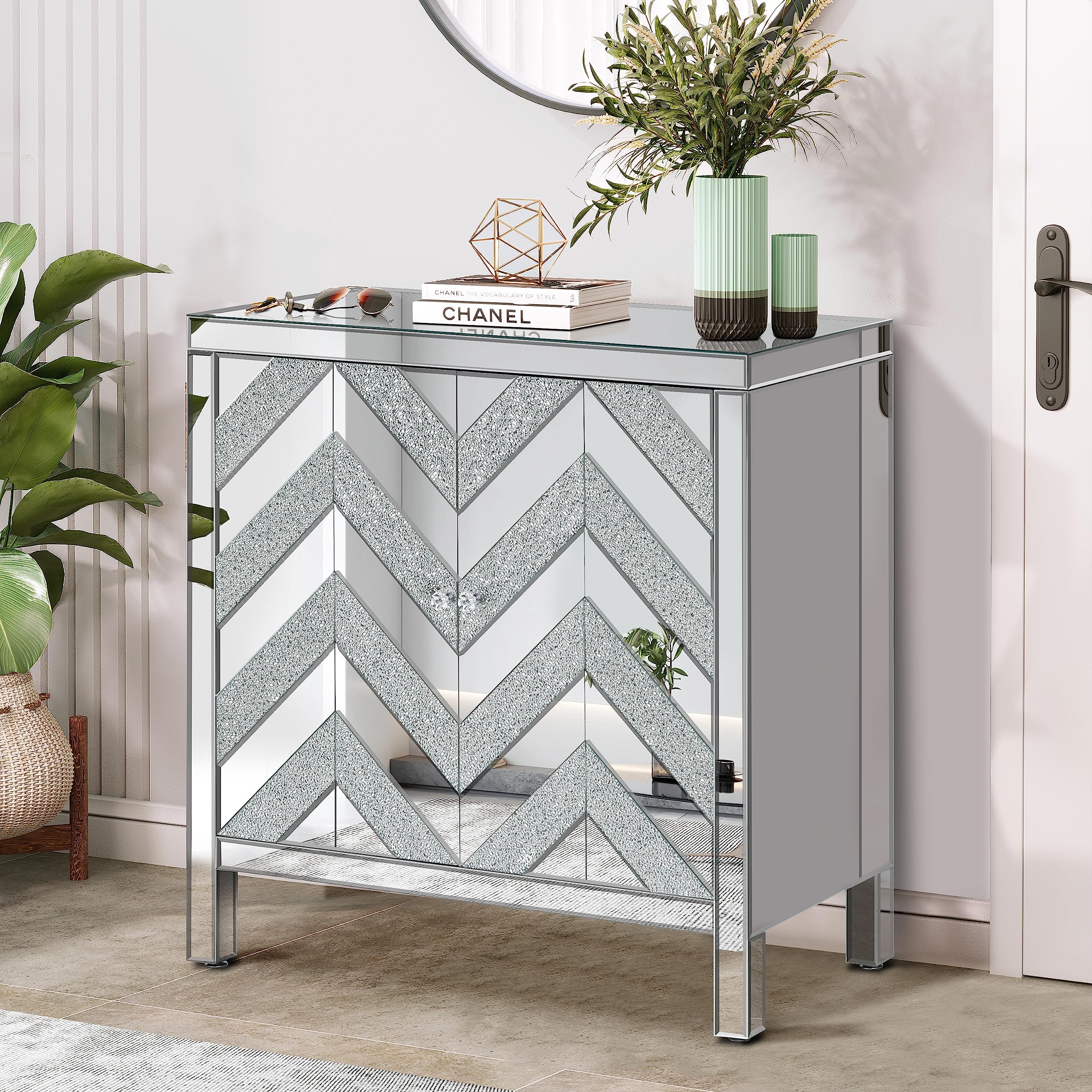 RuiSiSi Mirrored Cabinet with Mirror Trim and M Shape Design Spliced Combination, Silver Cabinet for Living Room Dining Room Entryway Kitchen, Accent