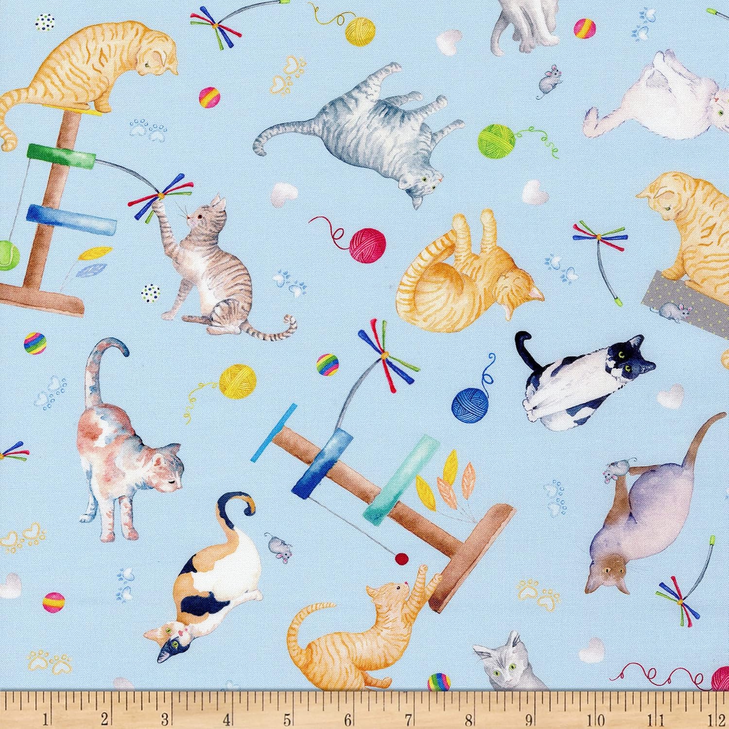 Kanvas Kitty City Live,Love,Purr Light Blue, Fabric by The Yard