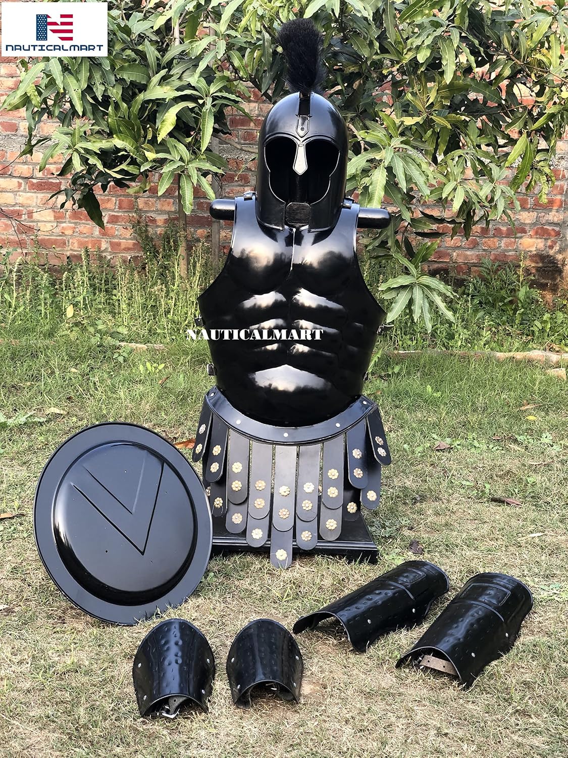 Nautical-Mart Medieval Muscle Armor Set for Cosplay, Role-Play, Costume Party Muscle Body Armor Cuirass with Troy Helmet Medieval Halloween Costume Breastplate Muscle Jacket (Black)