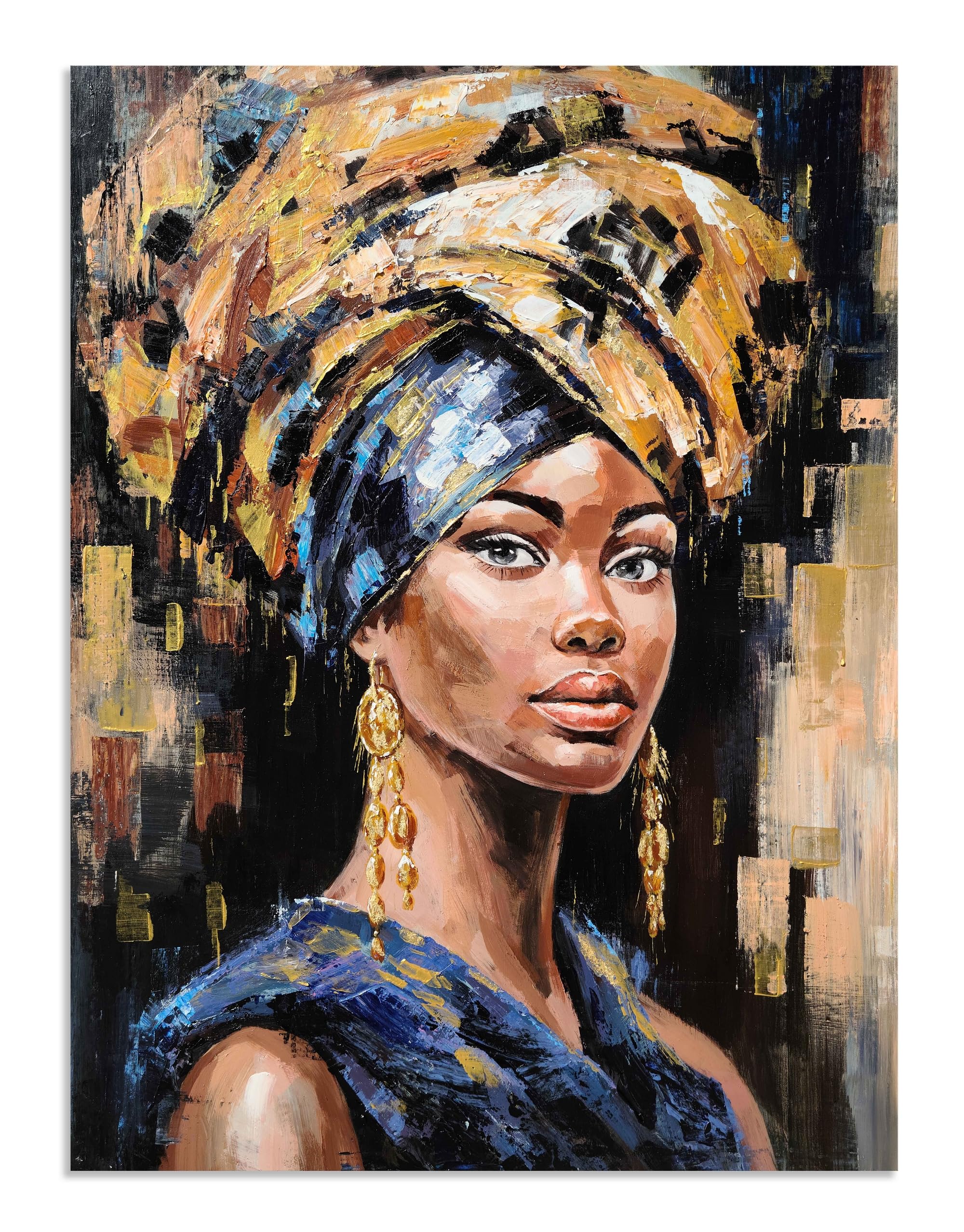 YHSKY ARTS African American Painting - Blue Black Gold Woman Wall Art, Hand Painted, Vintage Pictures, Modern Abstract Girl Artwork Home Decor for Bedroom Living Room, Bathroom