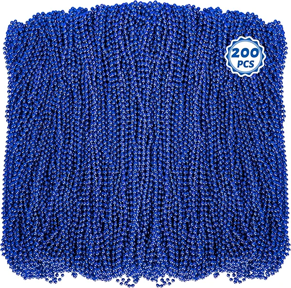 200 PCS Beaded Necklace, 33" Mardi Gras Beads, Blue Bead Necklace, Mardi Gras Accessories, Parade Beads Bulk for Hanukkah Christmas Pirate Birthday Gender Costume Party Supplies