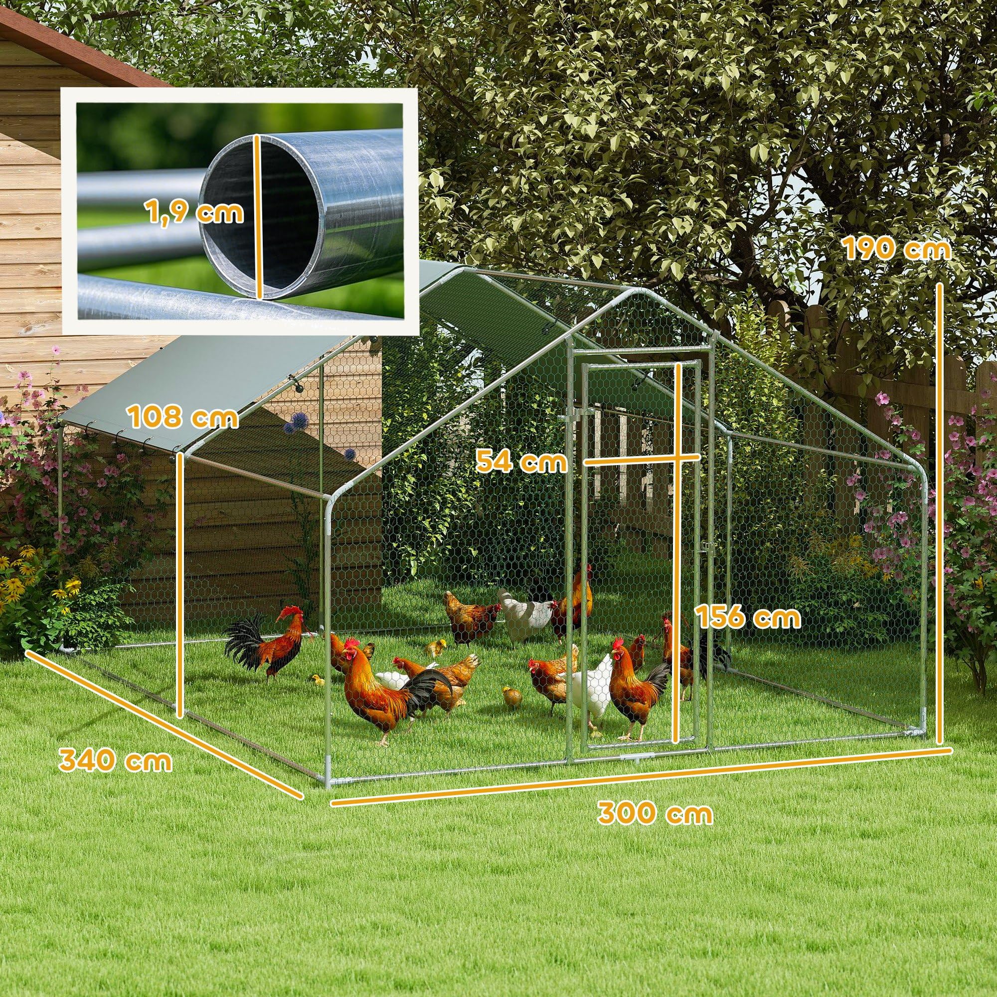 PawHut Gallinero Exterior Grande 3x3,4x1,9 m Acero Galvanizado Puerta Doble Cierre Cubierta Tela Oxford Anti-UV Impermeable para 10-15 Gallinas